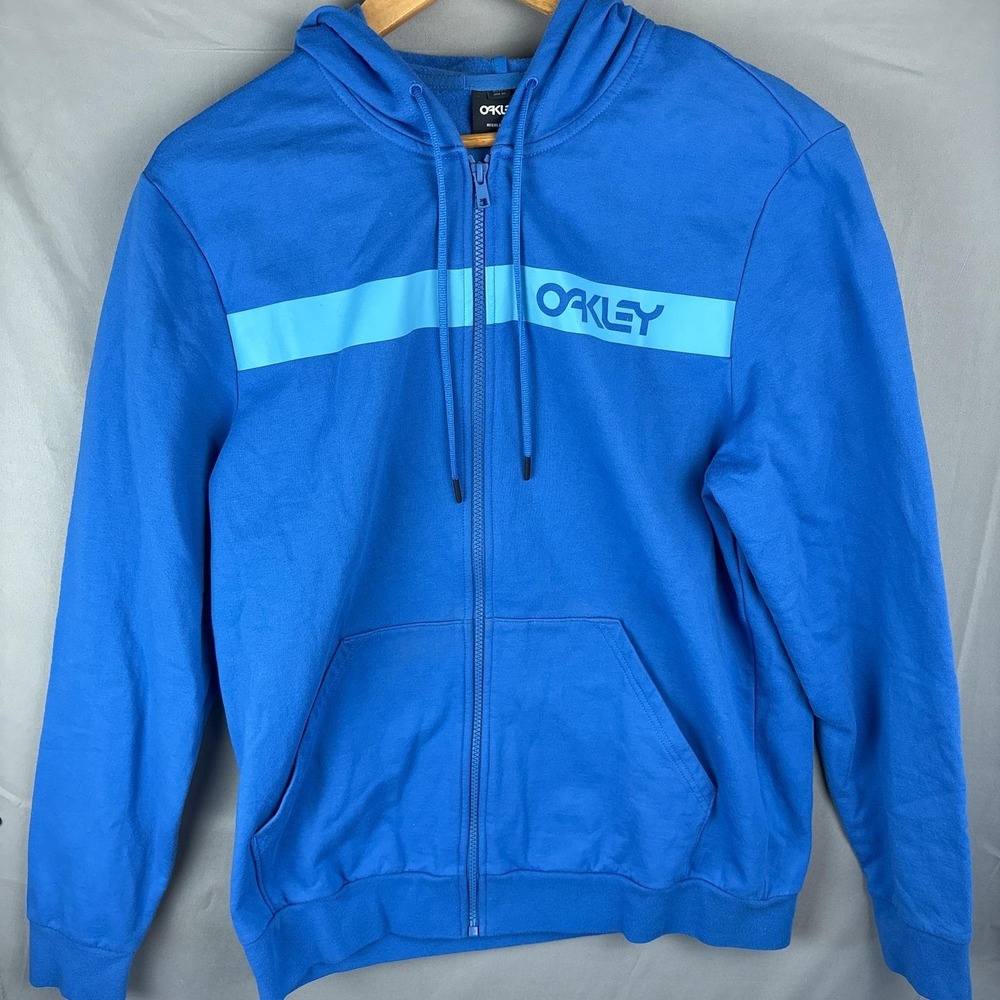 Oakley Full Zip Jacket Mens Large Blue Fleece Logo Stripe Graphic Sweatshirt